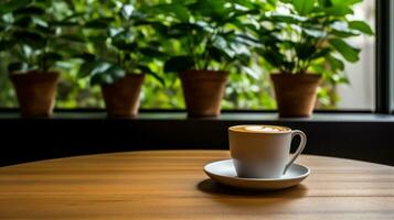 une café tasse et plante orner une table dans une confortable café magasin studio intérieur. photo