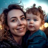 ai génératif une magnifique Jeune mère avec brillant yeux avec sa peu mignonne fils photo