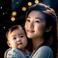 ai génératif jolie asiatique mère et sa mignonne peu bébé photo