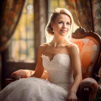 ai génératif une magnifique jolie la mariée assise dans une Royal chaise photo