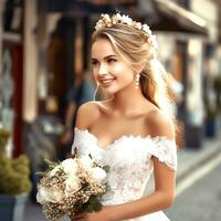 ai génératif magnifique souriant la mariée dans magnifique robe et fleur couronne photo