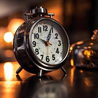 ai génératif vieux blanc cadran l'horloge sur le table dans le foncé thème photo