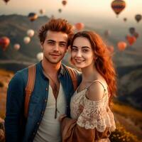 ai génératif une magnifique couple jouit l'amour dans le montagnes avec chaud air des ballons photo
