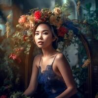 ai génératif une magnifique asiatique fille dans une coloré robe et floral couronne posant pour le caméra dans floral décoré chaise photo