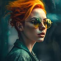 ai génératif illustration de une femme avec de couleur jaune court cheveux et lunettes de soleil photo