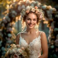 ai génératif magnifique souriant la mariée dans élégant robe posant à le caméra dans de face de un élégant fleur Contexte photo