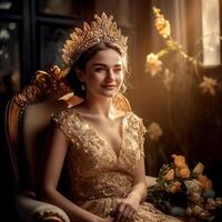 ai génératif jolie la mariée dans une d'or robe avec une d'or couronne posant à le caméra dans intérieur Contexte photo