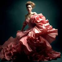 ai génératif une jolie fille dans une abstrait élégant rose ébouriffé robe sur une foncé Contexte photo