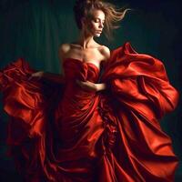 ai génératif une jolie fille dans une abstrait rouge ébouriffé robe sur une foncé Contexte photo