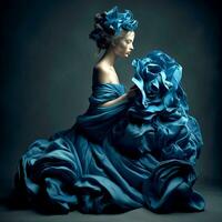 ai génératif une Jeune femme dans une bleu ébouriffé robe est assis sur une foncé Contexte photo