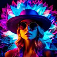 ai génératif élégant fille posant pour le caméra avec une mignonne chapeau et des lunettes de soleil dans une coloré thème photo