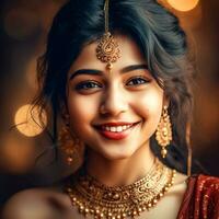 ai génératif une fermer de une mignonne face fille portant un Indien sari et bijoux sur une flou Contexte photo