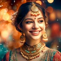 ai génératif fermer de une grégaire fille avec magnifique yeux portant une sari et bijoux dans une flou Contexte photo