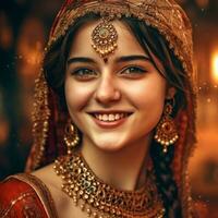 ai génératif une Indien fille avec une magnifique visage dans une rouge sari et bijoux dans une flou Contexte photo