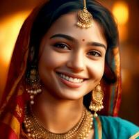 ai génératif souriant magnifique fille dans une Indien sari et or bijoux photo