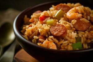 traditionnel Jambalaya riz. produire ai photo