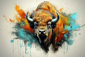 vibrant coloré bison éclaboussures. produire ai photo