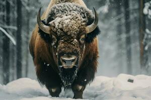 hivernal bison neige forêt. produire ai photo