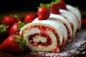 délicieux gâteau rouleau des fraises. produire ai photo