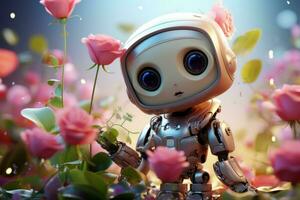 capricieux mignonne robot fille avec fleurs. produire ai photo