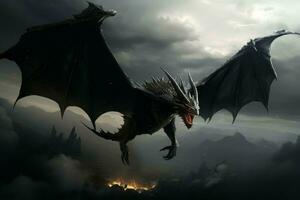 puissant en volant noir dragon. produire ai photo