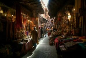 marocain rue marché traditionnel. produire ai photo