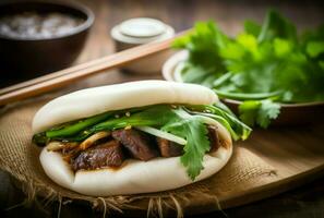 bao chignon porc avec feuilles. produire ai photo