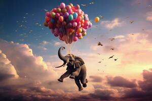 imaginatif l'éléphant en volant des ballons. produire ai photo