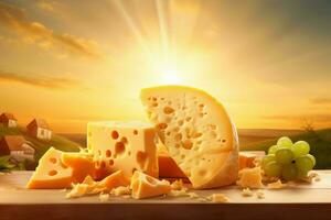 radiant fromage fermer avec Soleil lever du soleil. produire ai photo