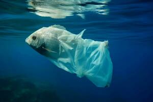 mer poisson Plastique sac. produire ai photo