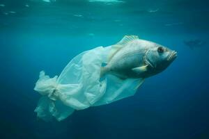 transparent mer poisson Plastique sac. produire ai photo