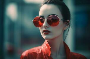 femme rouge des lunettes de soleil. produire ai photo