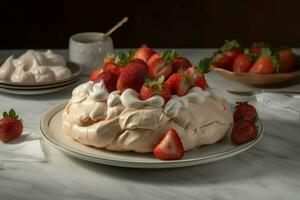 Pavlova fraise assiette sucre doux. produire ai photo