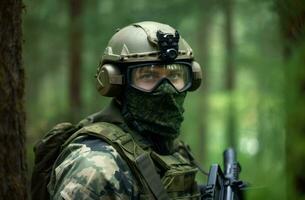 airsoft joueur forêt. produire ai photo