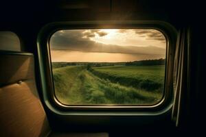 train fenêtre génial vue le coucher du soleil. produire ai photo