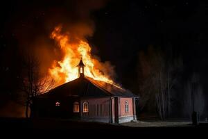 brûlant église nuit. produire ai photo