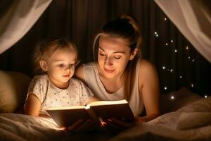 mère fille en train de lire à nuit. produire ai photo