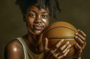 noir mignonne femme basketball joueur. produire ai photo