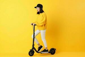 femme électrique donner un coup scooter. produire ai photo