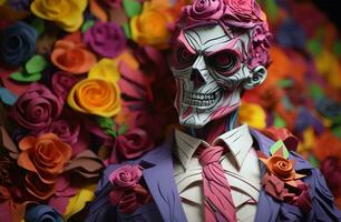 Halloween Contexte avec une effrayant monstre et coloré papier fleurs. Halloween concept ai généré photo
