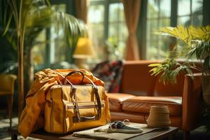 valise dans le intérieur de le Hôtel chambre. Voyage concept ai généré photo