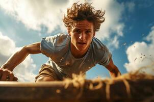 Beau Jeune homme dans tenue de sport Faire des pompes en plein air ai généré photo