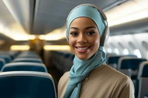 magnifique africain américain femme d'affaires dans hijab souriant à caméra dans avion ai généré photo