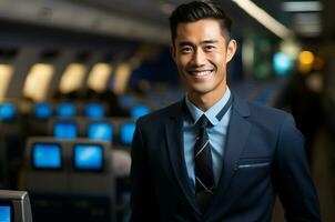 portrait de Jeune asiatique affaires homme dans avion cabine. Voyage et tourisme concept ai généré photo