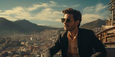 Beau Jeune homme dans des lunettes de soleil séance sur le balcon et profiter le vue de le ville ai généré photo