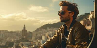 Beau Jeune homme dans des lunettes de soleil séance sur le balcon et profiter le vue de le ville ai généré photo