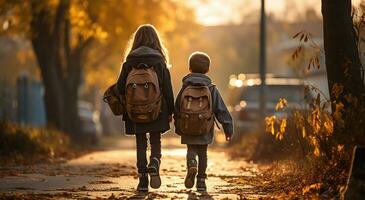 retour vue de adolescent enfant avec sacs à dos en marchant ai généré photo