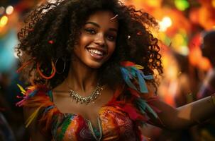 magnifique Jeune femme avec frisé cheveux dansant dans le rue à une carnaval ai généré photo