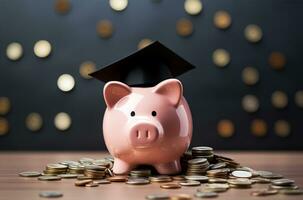 porcin banque avec l'obtention du diplôme casquette et pièces de monnaie. éducation concept ai généré photo