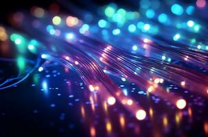 fibre optique Contexte avec beaucoup de lumière taches et bokeh ai généré photo